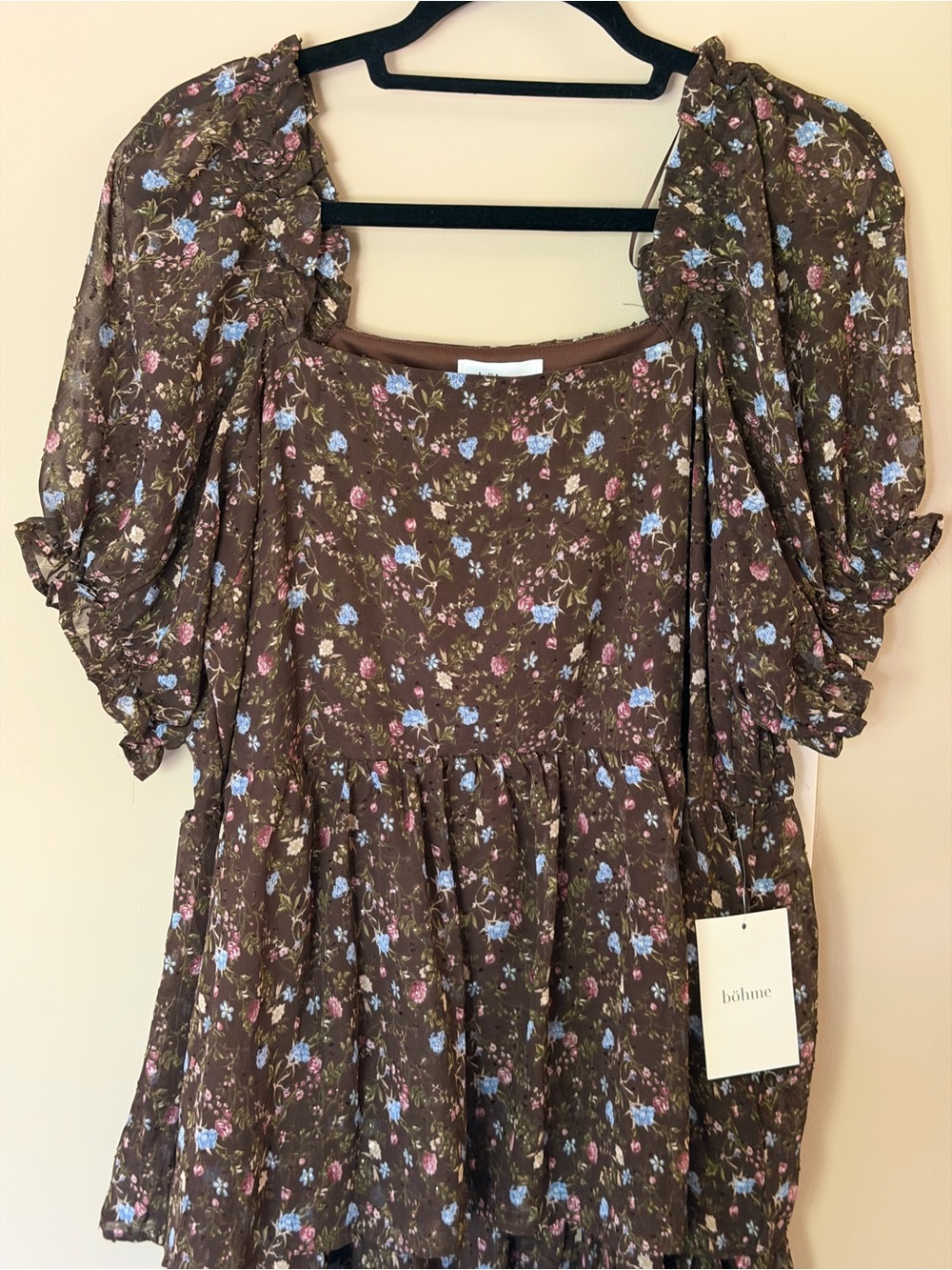 Bohme Brown Floral Midi Dress with Puff Sleeves